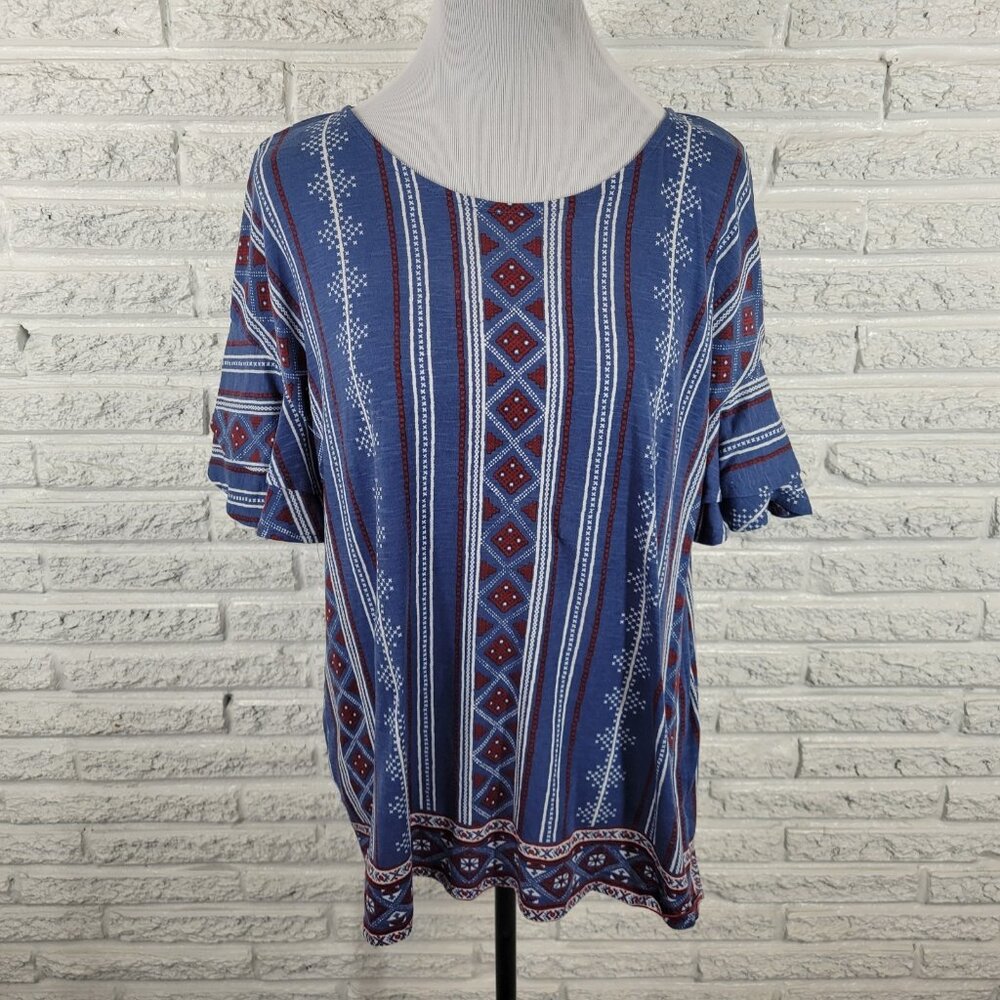 Westport Womens XL Blue Red Geometric Flutter Ruffle Sleeve Keyhole Back GEO169E
